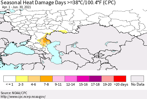 Russian Federation Seasonal Heat Damage Days >=38°C/100°F (CPC) Thematic Map For 4/1/2021 - 6/30/2021