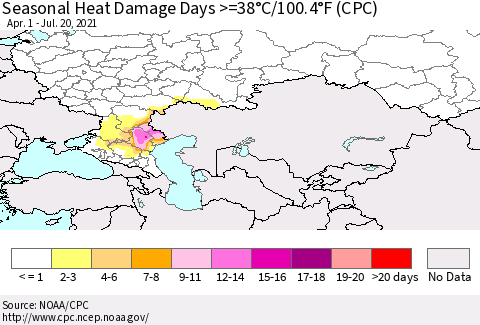 Russian Federation Seasonal Heat Damage Days >=38°C/100°F (CPC) Thematic Map For 4/1/2021 - 7/20/2021