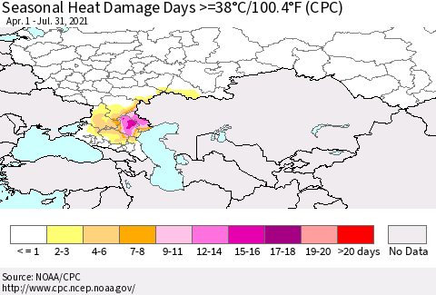 Russian Federation Seasonal Heat Damage Days >=38°C/100°F (CPC) Thematic Map For 4/1/2021 - 7/31/2021