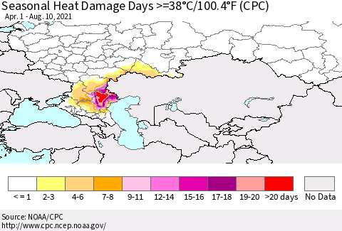 Russian Federation Seasonal Heat Damage Days >=38°C/100°F (CPC) Thematic Map For 4/1/2021 - 8/10/2021