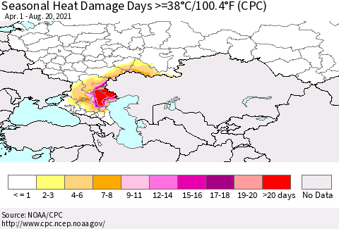 Russian Federation Seasonal Heat Damage Days >=38°C/100°F (CPC) Thematic Map For 4/1/2021 - 8/20/2021