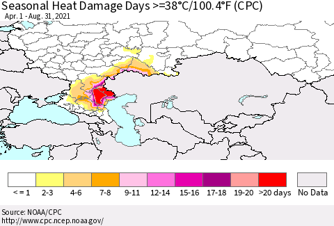 Russian Federation Seasonal Heat Damage Days >=38°C/100°F (CPC) Thematic Map For 4/1/2021 - 8/31/2021