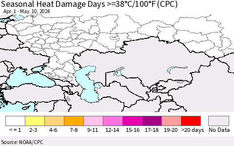 Russian Federation Seasonal Heat Damage Days >=38°C/100°F (CPC) Thematic Map For 4/1/2024 - 5/10/2024