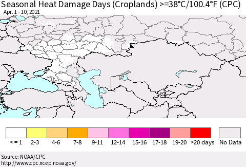 Russian Federation Seasonal Heat Damage Days (Croplands) >=38°C/100°F (CPC) Thematic Map For 4/1/2021 - 4/10/2021