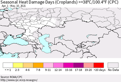 Russian Federation Seasonal Heat Damage Days (Croplands) >=38°C/100°F (CPC) Thematic Map For 4/1/2021 - 5/10/2021