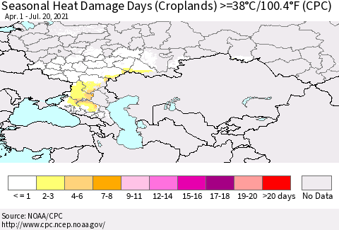 Russian Federation Seasonal Heat Damage Days (Croplands) >=38°C/100°F (CPC) Thematic Map For 4/1/2021 - 7/20/2021
