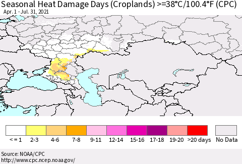 Russian Federation Seasonal Heat Damage Days (Croplands) >=38°C/100°F (CPC) Thematic Map For 4/1/2021 - 7/31/2021
