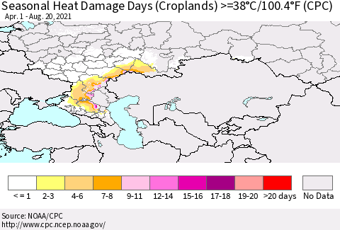 Russian Federation Seasonal Heat Damage Days (Croplands) >=38°C/100°F (CPC) Thematic Map For 4/1/2021 - 8/20/2021