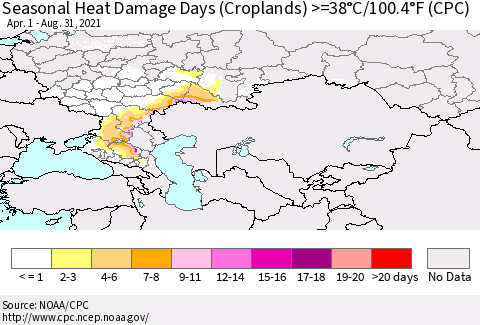 Russian Federation Seasonal Heat Damage Days (Croplands) >=38°C/100°F (CPC) Thematic Map For 4/1/2021 - 8/31/2021