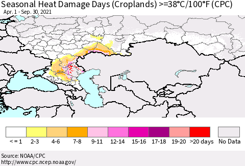 Russian Federation Seasonal Heat Damage Days (Croplands) >=38°C/100°F (CPC) Thematic Map For 4/1/2021 - 9/30/2021
