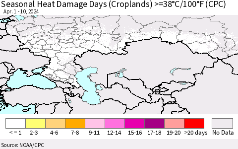 Russian Federation Seasonal Heat Damage Days (Croplands) >=38°C/100°F (CPC) Thematic Map For 4/1/2024 - 4/10/2024