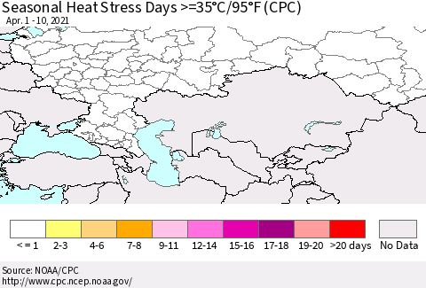 Russian Federation Seasonal Heat Stress Days >=35°C/95°F (CPC) Thematic Map For 4/1/2021 - 4/10/2021