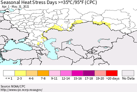 Russian Federation Seasonal Heat Stress Days >=35°C/95°F (CPC) Thematic Map For 4/1/2021 - 5/31/2021