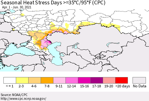 Russian Federation Seasonal Heat Stress Days >=35°C/95°F (CPC) Thematic Map For 4/1/2021 - 6/30/2021