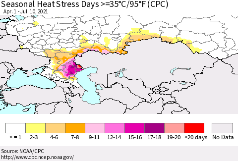 Russian Federation Seasonal Heat Stress Days >=35°C/95°F (CPC) Thematic Map For 4/1/2021 - 7/10/2021