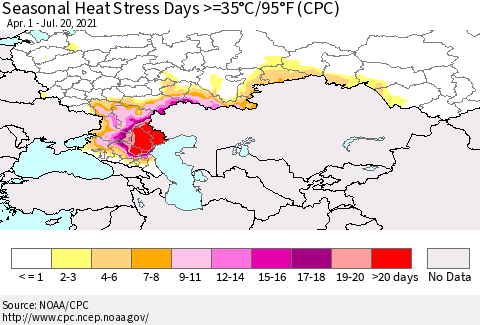 Russian Federation Seasonal Heat Stress Days >=35°C/95°F (CPC) Thematic Map For 4/1/2021 - 7/20/2021