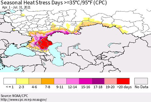 Russian Federation Seasonal Heat Stress Days >=35°C/95°F (CPC) Thematic Map For 4/1/2021 - 7/31/2021