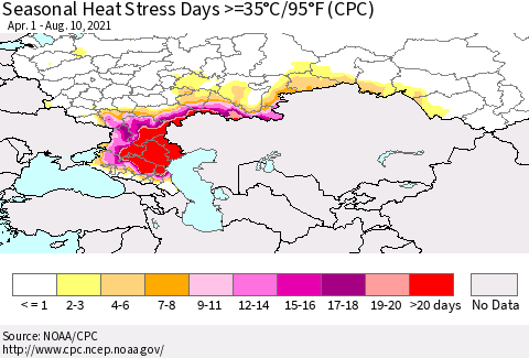 Russian Federation Seasonal Heat Stress Days >=35°C/95°F (CPC) Thematic Map For 4/1/2021 - 8/10/2021