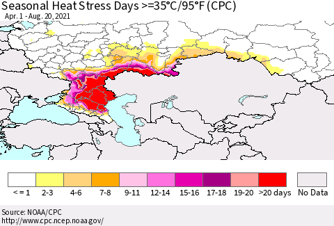 Russian Federation Seasonal Heat Stress Days >=35°C/95°F (CPC) Thematic Map For 4/1/2021 - 8/20/2021