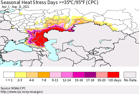 Russian Federation Seasonal Heat Stress Days >=35°C/95°F (CPC) Thematic Map For 4/1/2021 - 8/31/2021