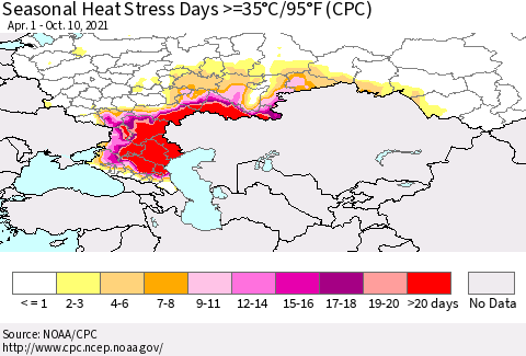 Russian Federation Seasonal Heat Stress Days >=35°C/95°F (CPC) Thematic Map For 4/1/2021 - 10/10/2021