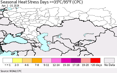 Russian Federation Seasonal Heat Stress Days >=35°C/95°F (CPC) Thematic Map For 4/1/2024 - 4/10/2024