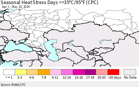 Russian Federation Seasonal Heat Stress Days >=35°C/95°F (CPC) Thematic Map For 4/1/2024 - 5/10/2024