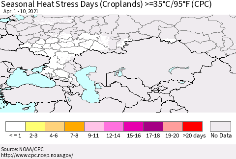 Russian Federation Seasonal Heat Stress Days (Croplands) >=35°C/95°F (CPC) Thematic Map For 4/1/2021 - 4/10/2021