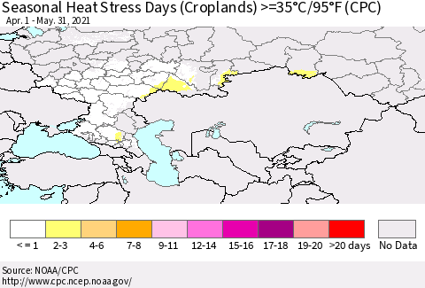 Russian Federation Seasonal Heat Stress Days (Croplands) >=35°C/95°F (CPC) Thematic Map For 4/1/2021 - 5/31/2021