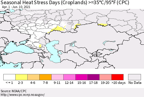 Russian Federation Seasonal Heat Stress Days (Croplands) >=35°C/95°F (CPC) Thematic Map For 4/1/2021 - 6/10/2021