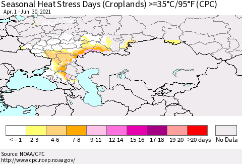 Russian Federation Seasonal Heat Stress Days (Croplands) >=35°C/95°F (CPC) Thematic Map For 4/1/2021 - 6/30/2021