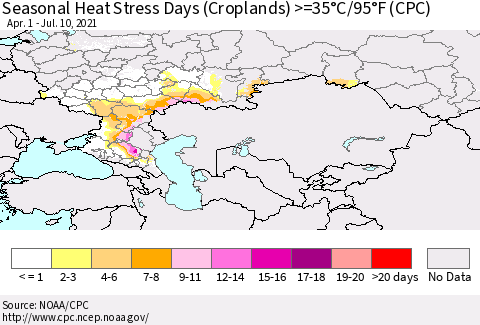 Russian Federation Seasonal Heat Stress Days (Croplands) >=35°C/95°F (CPC) Thematic Map For 4/1/2021 - 7/10/2021