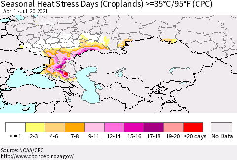 Russian Federation Seasonal Heat Stress Days (Croplands) >=35°C/95°F (CPC) Thematic Map For 4/1/2021 - 7/20/2021