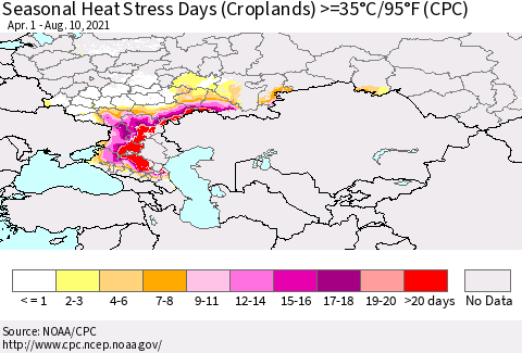 Russian Federation Seasonal Heat Stress Days (Croplands) >=35°C/95°F (CPC) Thematic Map For 4/1/2021 - 8/10/2021