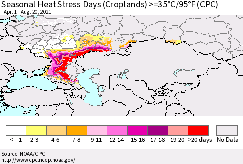 Russian Federation Seasonal Heat Stress Days (Croplands) >=35°C/95°F (CPC) Thematic Map For 4/1/2021 - 8/20/2021