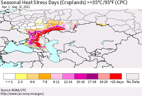 Russian Federation Seasonal Heat Stress Days (Croplands) >=35°C/95°F (CPC) Thematic Map For 4/1/2021 - 8/31/2021