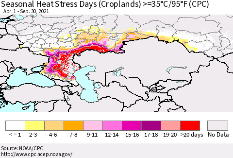 Russian Federation Seasonal Heat Stress Days (Croplands) >=35°C/95°F (CPC) Thematic Map For 4/1/2021 - 9/30/2021