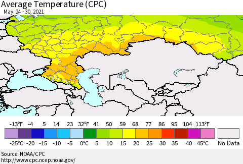 Russian Federation Average Temperature (CPC) Thematic Map For 5/24/2021 - 5/30/2021