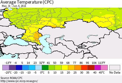 Russian Federation Average Temperature (CPC) Thematic Map For 5/31/2021 - 6/6/2021