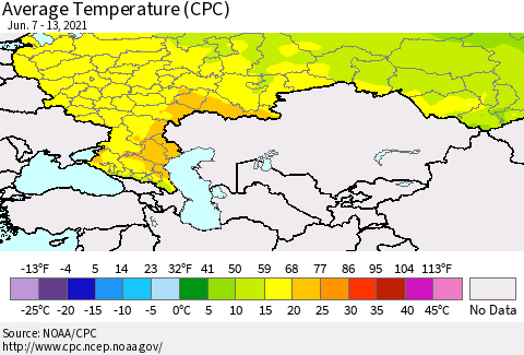 Russian Federation Average Temperature (CPC) Thematic Map For 6/7/2021 - 6/13/2021