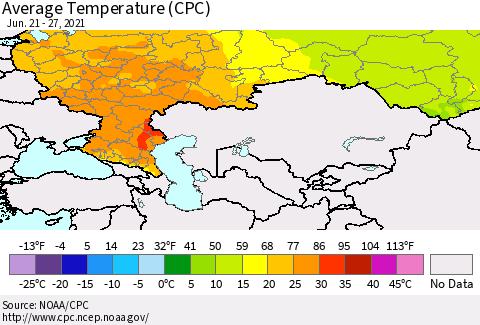 Russian Federation Average Temperature (CPC) Thematic Map For 6/21/2021 - 6/27/2021