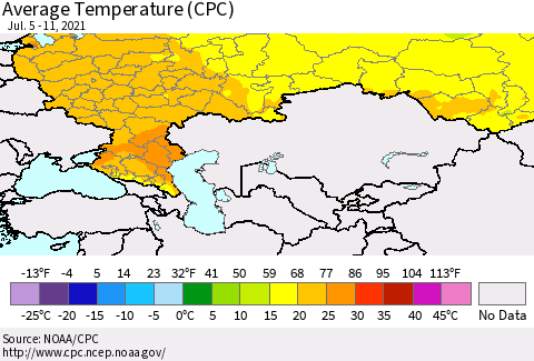 Russian Federation Average Temperature (CPC) Thematic Map For 7/5/2021 - 7/11/2021