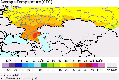 Russian Federation Average Temperature (CPC) Thematic Map For 8/2/2021 - 8/8/2021
