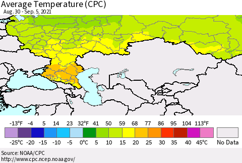 Russian Federation Average Temperature (CPC) Thematic Map For 8/30/2021 - 9/5/2021