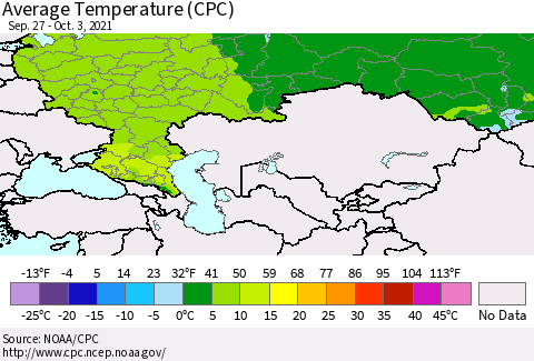 Russian Federation Average Temperature (CPC) Thematic Map For 9/27/2021 - 10/3/2021