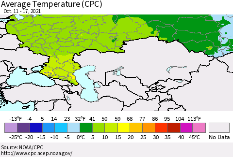 Russian Federation Average Temperature (CPC) Thematic Map For 10/11/2021 - 10/17/2021