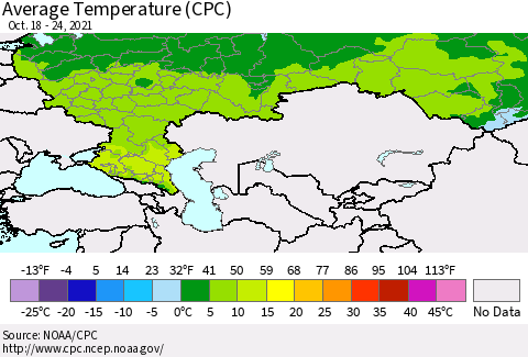 Russian Federation Average Temperature (CPC) Thematic Map For 10/18/2021 - 10/24/2021