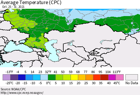 Russian Federation Average Temperature (CPC) Thematic Map For 10/25/2021 - 10/31/2021