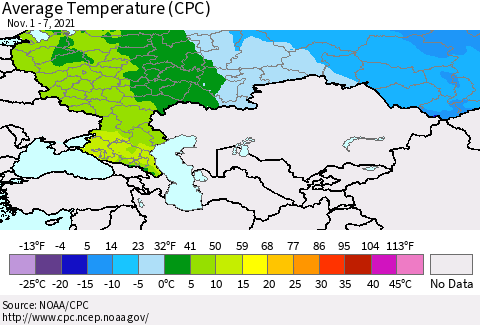 Russian Federation Average Temperature (CPC) Thematic Map For 11/1/2021 - 11/7/2021