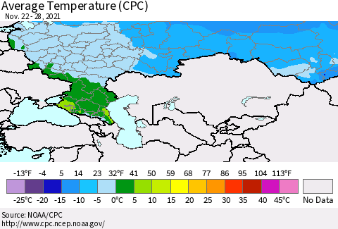 Russian Federation Average Temperature (CPC) Thematic Map For 11/22/2021 - 11/28/2021